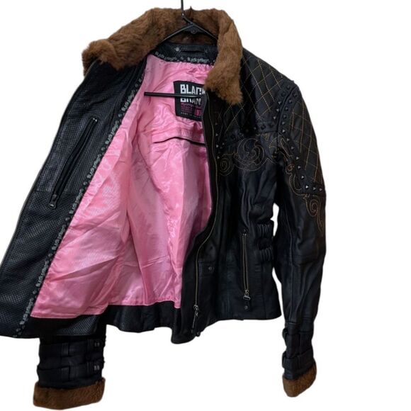 Black Brand Women's XL Sheared Beaver Sheep Leather Studded Jacket Fux Fur Trim - Picture 4 of 14